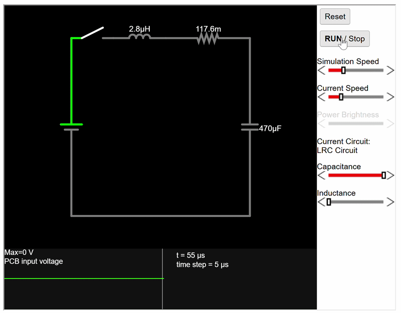 falstad simulation of the input voltage ringing